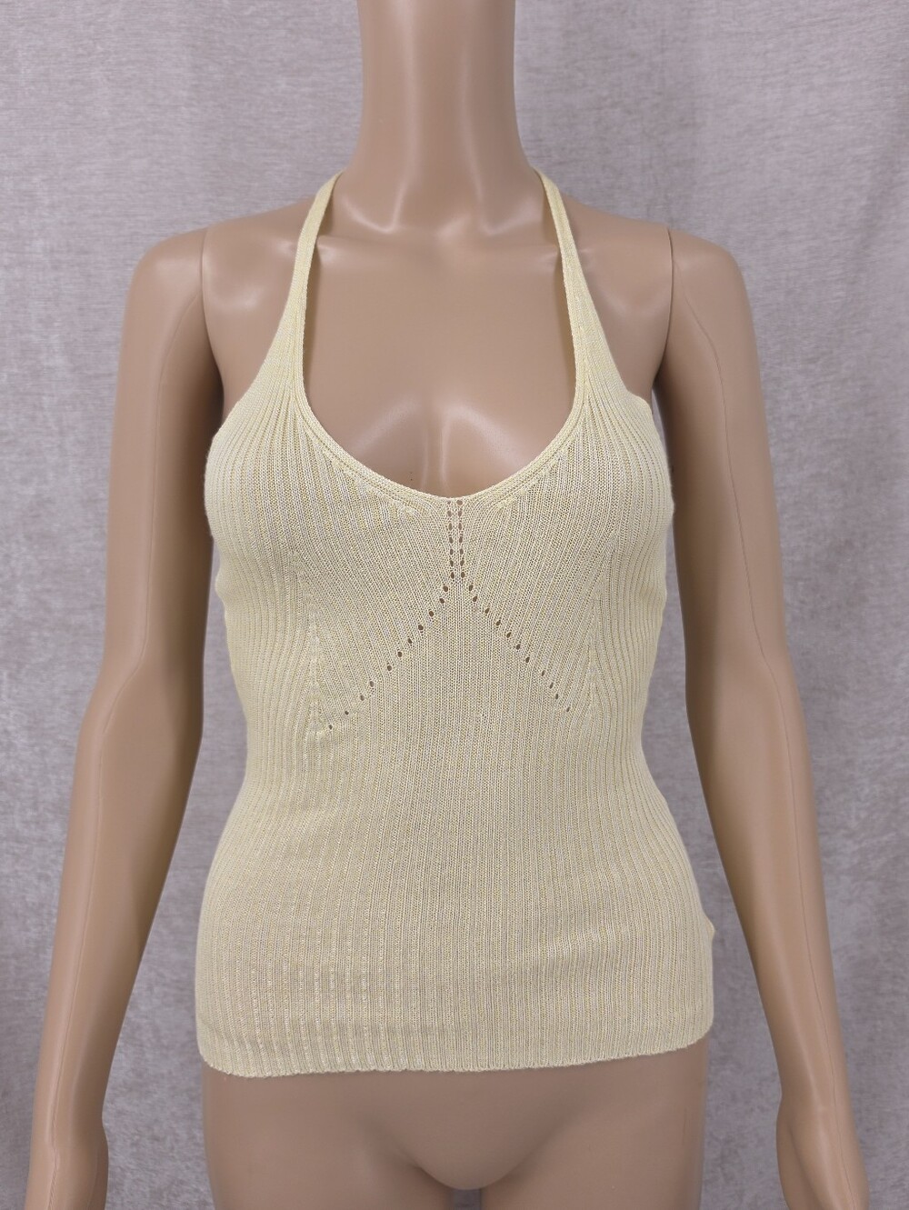 Y2K Light Butter Yellow Ribbed Pointelle Knit Halter Tank Top